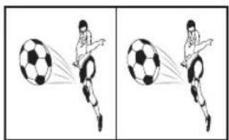 Two-panel illustration showing a soccer player kicking a ball, with no text or symbols present.