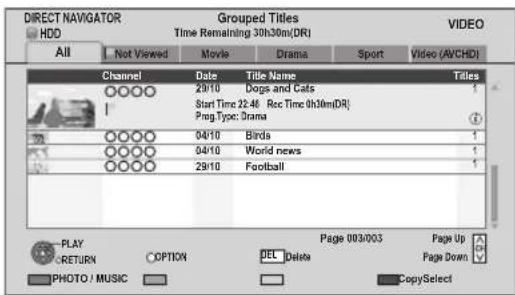 DIRECT NAVIGATOR HDD Grouped Titles Time Remaining 30h30m(DR) VIDEO All Not Viewed Movie Drama Sport Video (AVCHD) Channel Data Title Name Titles ○○○○ 29/10 Dogs and Cats 1 I Start Time: 22:46 Rec Time: 0h30m(DR) Preg Type: Drama 2 ○○○○ 04/10 Birda 1 ○○○○ 04/10 World news 1 ○○○○ 29/10 Football 1 PLA…