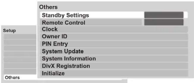 Others Standby Settings Remote Control Clock Owner ID PIN Entry System Update System Information DivX Registration Initialize Setup Others