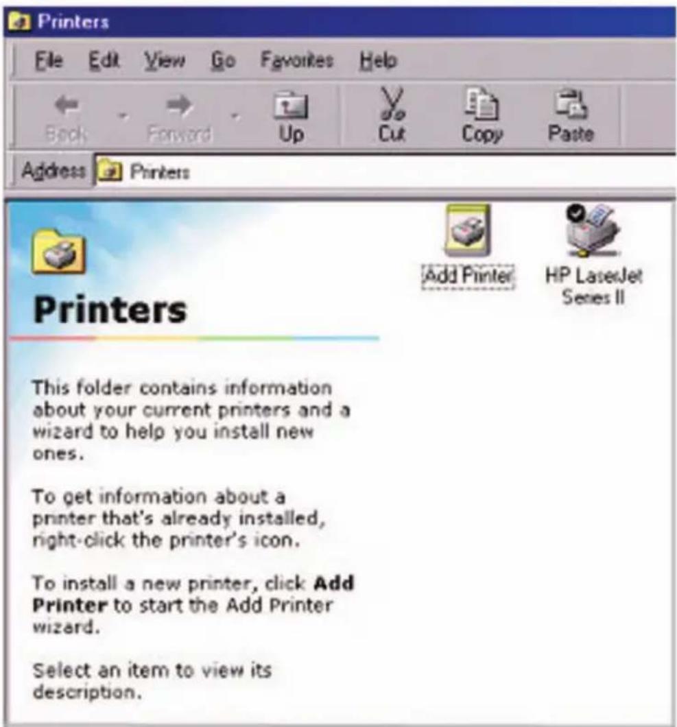 Printers File Edit View Go Favorites Help Back Forward Up Cut Copy Paste Address Printers Printers Add Printer HP LaserJet Series II This folder contains information about your current printers and a wizard to help you install new ones. To get information about a printer that's already installed, right-click the printer's icon. To install a new printer, click Add Printer to start the Add Printer wizard. Select an item to view its description.