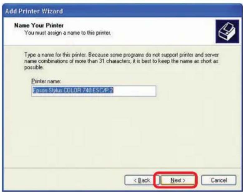 Add Printer Wizard Name Your Printer You must assign a name to this printer. Type a name for this printer. Because some programs do not support printer and server name combinations of more than 31 characters, it is best to keep the name as short as possible. Printer name: Epson Stylus COLOR 740 ESC/P 2 < Back Next > Cancel