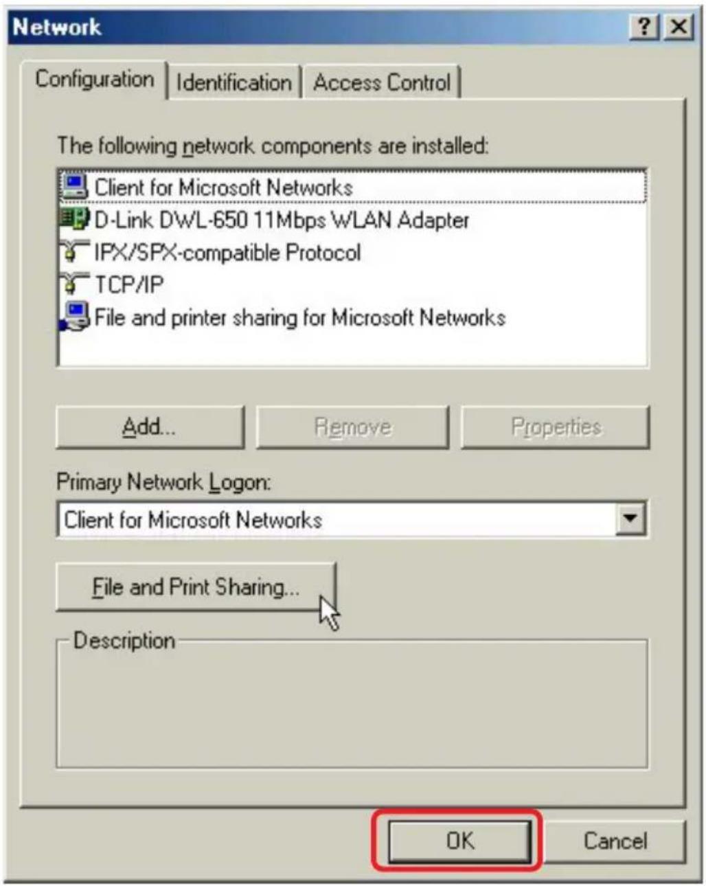Network Configuration | Identification | Access Control | The following network components are installed: Client for Microsoft Networks D-Link DWL-650 11Mbps WLAN Adapter IPX/SPX-compatible Protocol TCP/IP File and printer sharing for Microsoft Networks Add... Remove Properties Primary Network Logon: Client for Microsoft Networks File and Print Sharing... Description OK Cancel