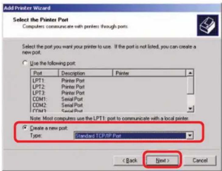 Add Printer Wizard Select the Printer Port Computers communicate with penkers through ports. Select the port you want your printer to use. If the port is not listed, you can create a new port. Use the following port: Port Description Printer LPT1: Printer Port LPT2: Printer Port LPT3: Printer Port COM1: Serial Port COM2: Serial Port COM3: Serial Port Note: Most computers use the LPT1: port to communicate with a local printer. Create a new port: Type: Standard TCP/IP Port < Back Next > Cancel