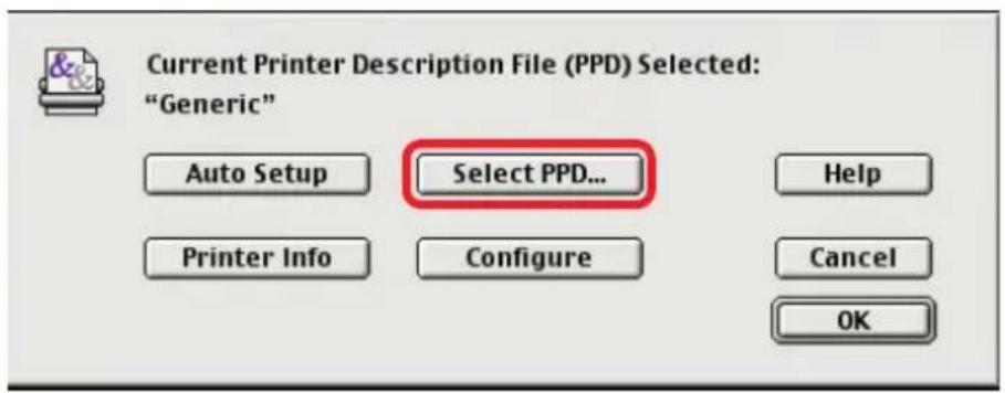 Current Printer Description File (PPD) Selected: "Generic" Auto Setup Select PPD... Printer Info Configure Help Cancel OK
