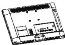 Diagram showing a computer monitor connected to a power outlet with a warning symbol and a cartoon leaf on the cable.