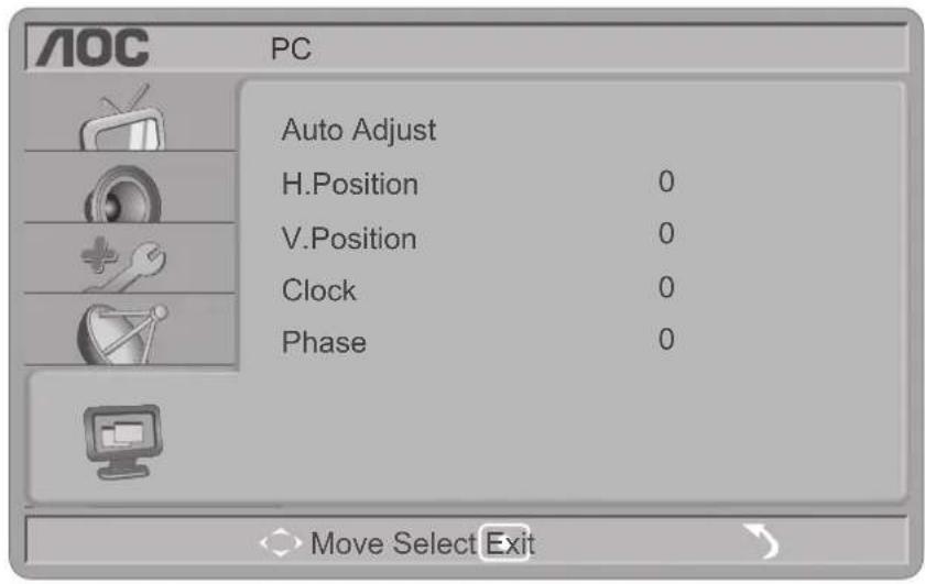 AOC PC Auto Adjust H.Position 0 V.Position 0 Clock 0 Phase 0 Move Select Exit