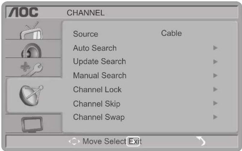 AOC CHANNEL Source Cable Auto Search Update Search Manual Search Channel Lock Channel Skip Channel Swap Move Select Exit