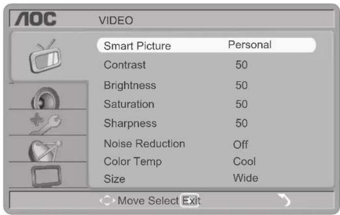 AOC VIDEO Smart Picture Personal Contrast 50 Brightness 50 Saturation 50 Sharpness 50 Noise Reduction Off Color Temp Cool Size Wide Move Select Exit