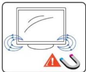 Diagram showing a computer monitor with curved arrows indicating rotation, an orange warning sign with a red dot, and a black bar magnet with a blue tip.