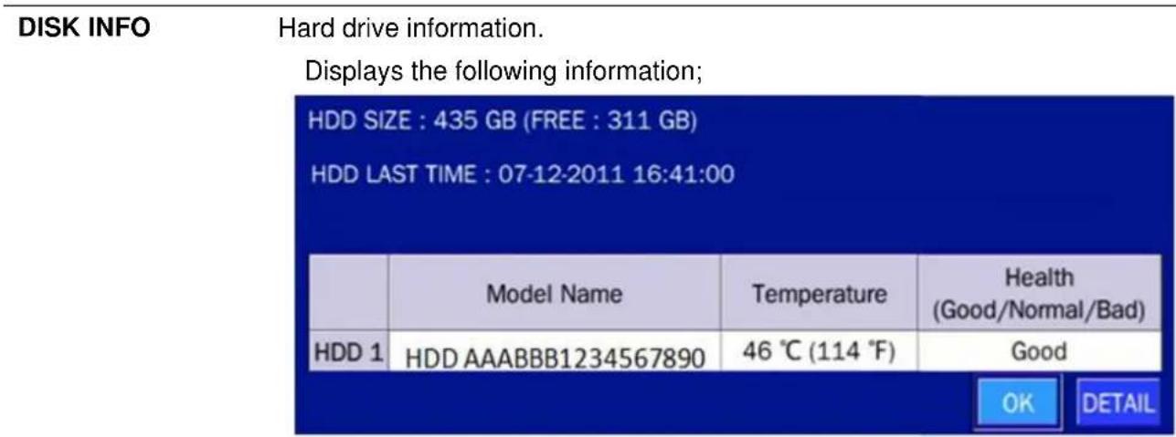 DISK INFO Hard drive information. Displays the following information; HDD SIZE : 435 GB (FREE : 311 GB) HDD LAST TIME : 07-12-2011 16:41:00 Model Name Temperature Health (Good/Normal/Bad) HDD 1 HDD AAABBB1234567890 46 ℃ (114 ℉) Good OK DETAIL