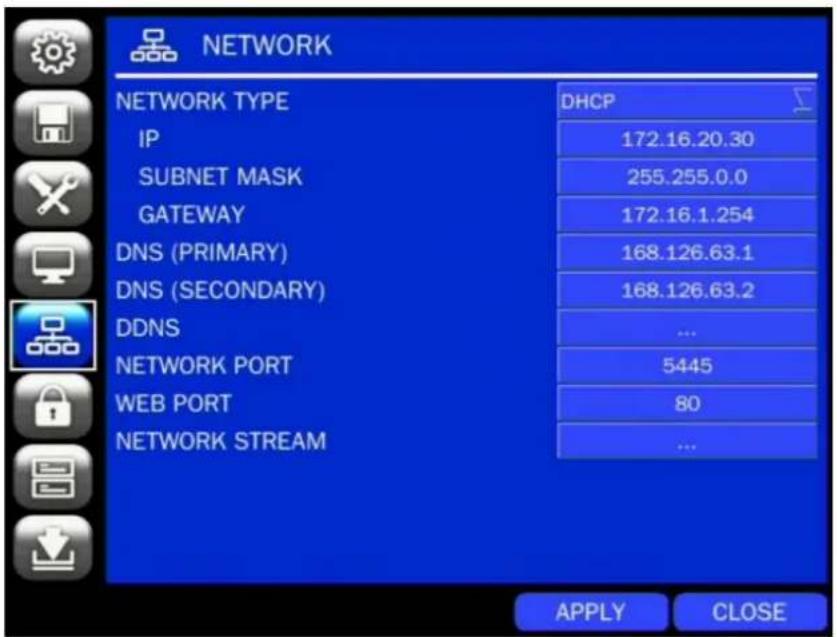 NETWORK NETWORK TYPE IP 172.16.20.30 SUBNET MASK 255.255.0.0 GATEWAY 172.16.1.254 DNS (PRIMARY) 168.126.63.1 DNS (SECONDARY) 168.126.63.2 DDNS ... NETWORK PORT 5445 WEB PORT 80 NETWORK STREAM ... APPLY CLOSE