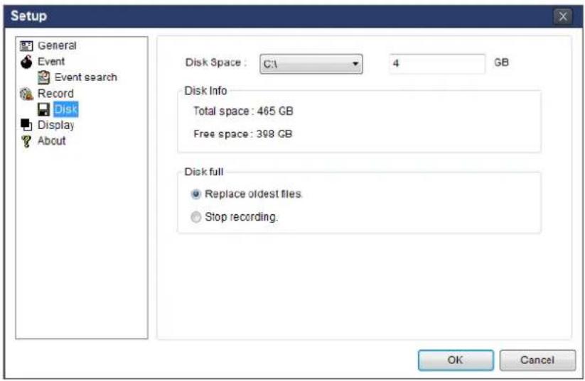 Setup General Event Event search Record Disk Display About Disk Space : C:\ 4 GB Disk Info Total space : 465 GB Free space : 398 GB Disk full Replace oldest files. Stop recording. OK Cancel