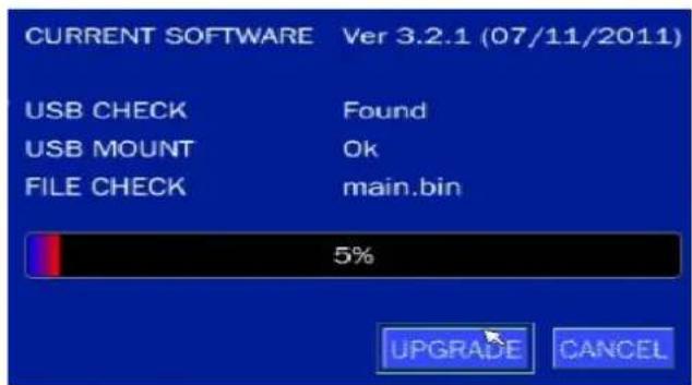 CURRENT SOFTWARE Ver 3.2.1 (07/11/2011) USB CHECK Found USB MOUNT Ok FILE CHECK main.bin 5% UPGRADE CANCEL