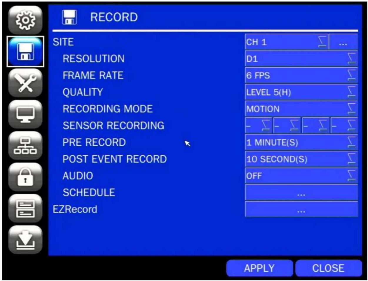 RECORD SITE CH 1 RESOLUTION D1 FRAME RATE 6 FPS QUALITY LEVEL 5(H) RECORDING MODE MOTION SENSOR RECORDING PRE RECORD 1 MINUTE(S) POST EVENT RECORD 10 SECOND(S) AUDIO OFF SCHEDULE ... EZRecord ... APPLY CLOSE