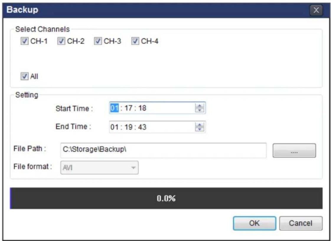 Backup Select Channels ✓ CH-1 ✓ CH-2 ✓ CH-3 ✓ CH-4 ✓ All Setting Start Time : 01 : 17 : 18 End Time : 01 : 19 : 43 File Path : C:\Storage\Backup\ File format : AVI 0.0% OK Cancel