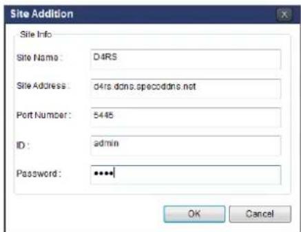 Site Addition Site Info Site Name: D4RS Site Address: d4rs.dons.specoddns.net Port Number: 5445 ID: admin Password: ***** OK Cancel