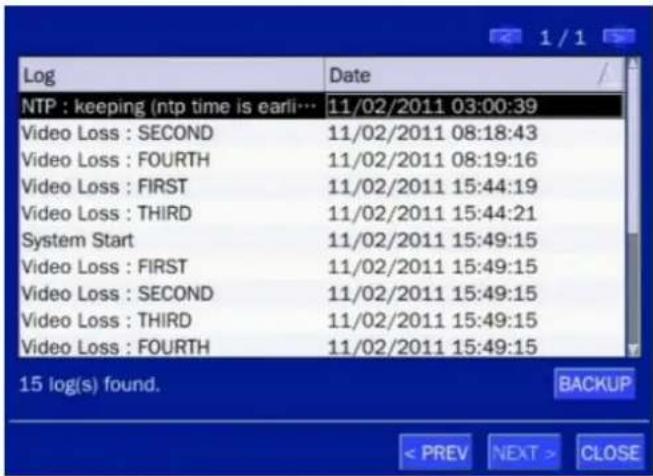 Log Date NTP : keeping (ntp time is earli… 11/02/2011 03:00:39 Video Loss : SECOND 11/02/2011 08:18:43 Video Loss : FOURTH 11/02/2011 08:19:16 Video Loss : FIRST 11/02/2011 15:44:19 Video Loss : THIRD 11/02/2011 15:44:21 System Start 11/02/2011 15:49:15 Video Loss : FIRST 11/02/2011 15:49:15 Video Loss : SECOND 11/02/2011 15:49:15 Video Loss : THIRD 11/02/2011 15:49:15 Video Loss : FOURTH 11/02/2011 15:49:15 15 log(s) found. BACKUP < PREV NEXT > CLOSE