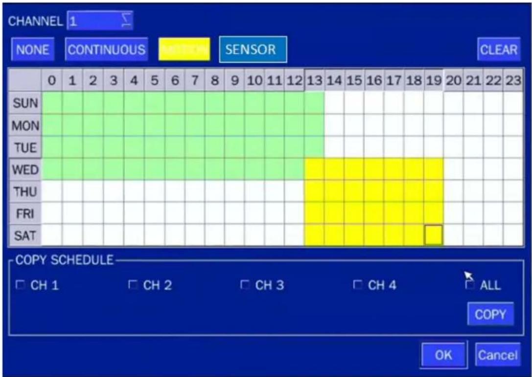CHANNEL 1 NONE CONTINUOUS SENSOR CLEAR 0 1 2 3 4 5 6 7 8 9 10 11 12 13 14 15 16 17 18 19 20 21 22 23 SUN MON TUE WED THU FRI SAT COPY SCHEDULE □ CH 1 □ CH 2 □ CH 3 □ CH 4 □ ALL COPY OK Cancel