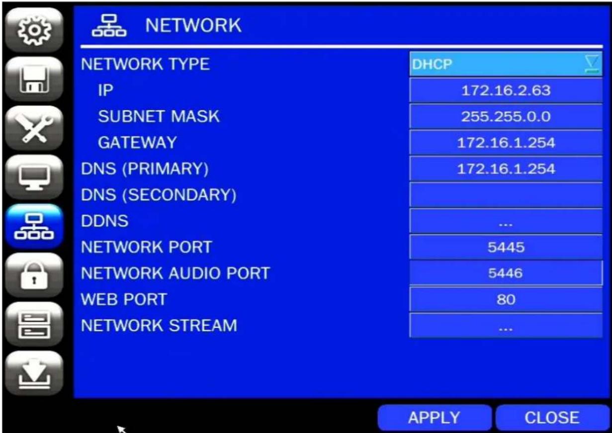 NETWORK NETWORK TYPE IP SUBNET MASK GATEWAY DNS (PRIMARY) DNS (SECONDARY) DDNS NETWORK PORT NETWORK AUDIO PORT WEB PORT NETWORK STREAM DHCP 172.16.2.63 255.255.0.0 172.16.1.254 172.16.1.254 ... 5445 5446 80 ... APPLY CLOSE