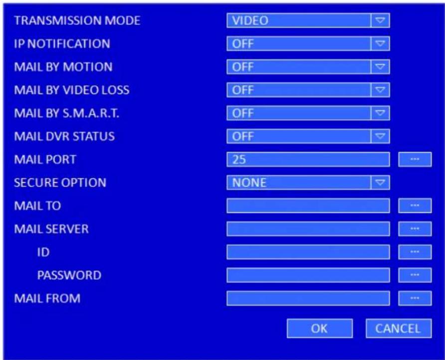 TRANSMISSION MODE IP NOTIFICATION MAIL BY MOTION MAIL BY VIDEO LOSS MAIL BY S.M.A.R.T. MAIL DVR STATUS MAIL PORT 25 ... SECURE OPTION NONE MAIL TO ... MAIL SERVER ... ID ... PASSWORD ... MAIL FROM OK CANCEL