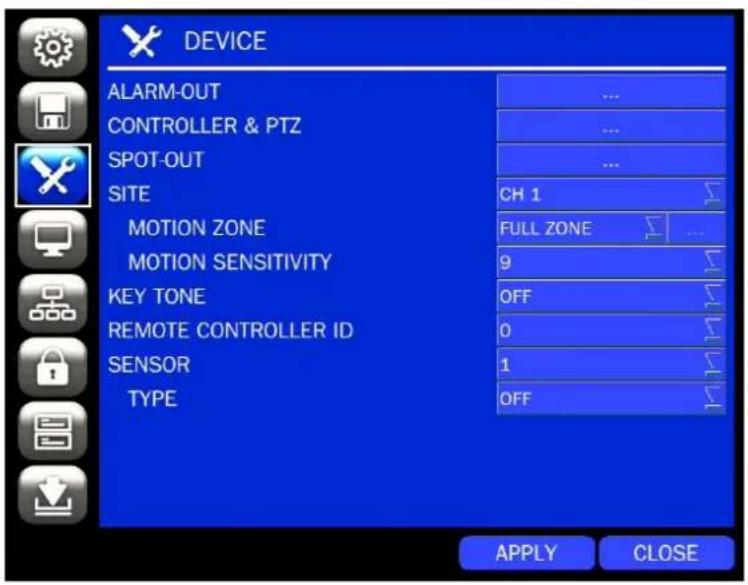 DEVICE ALARM-OUT CONTROLLER & PTZ SPOT-OUT SITE MOTION ZONE MOTION SENSITIVITY KEY TONE REMOTE CONTROLLER ID SENSOR TYPE CH 1 FULL ZONE 9 OFF 0 1 OFF APPLY CLOSE