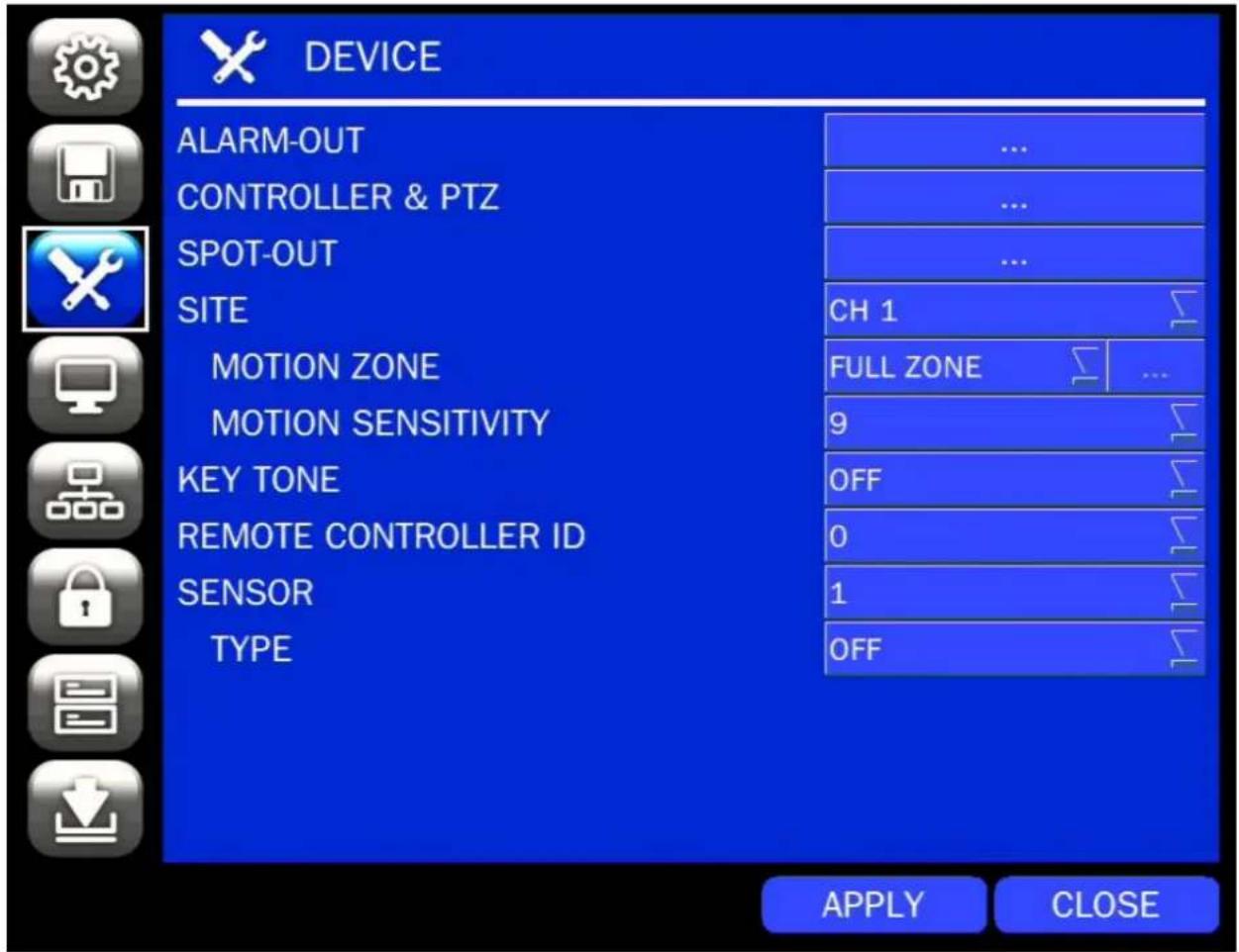 DEVICE ALARM-OUT CONTROLLER & PTZ SPOT-OUT SITE CH 1 MOTION ZONE FULL ZONE MOTION SENSITIVITY 9 KEY TONE OFF REMOTE CONTROLLER ID 0 SENSOR 1 TYPE OFF APPLY CLOSE