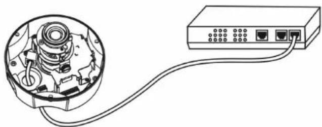 Diagram of a mechanical device with a circular housing and connected to a network switch (no text or symbols present)
