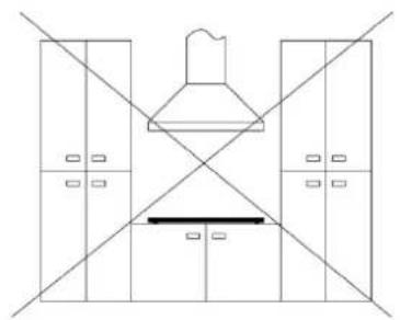 Line drawing of a kitchen interior layout with diagonal lines and cabinet compartments (no text or symbols).