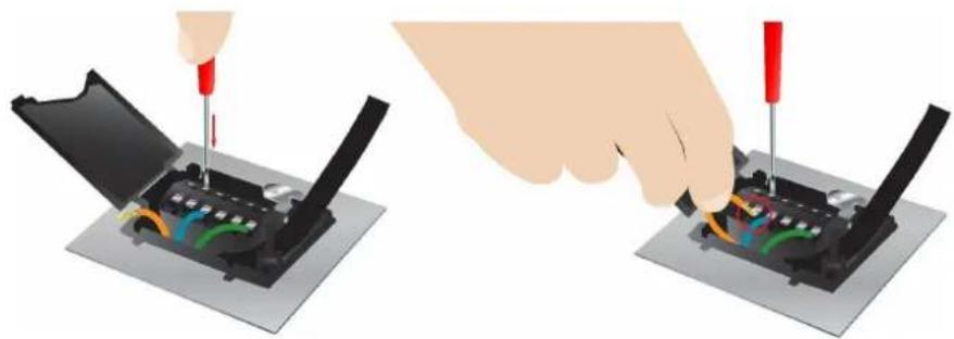 Illustration of a hand using a screwdriver to adjust internal components in an open device (no text or symbols visible).