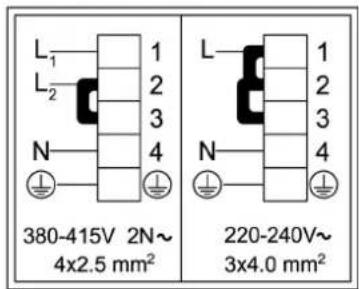 L₁ L₂ N 380-415V 2N~ 4x2.5 mm² L 1 2 3 N 4 220-240V~ 3x4.0 mm²