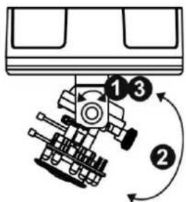 Diagram of a mechanical assembly with numbered components and directional arrows indicating motion or flow.