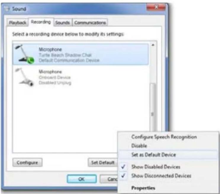 Sound Playback Recording Sounds Communications Select a recording device below to modify its settings: Microphone Turtle Beach Shadow Chai Default Communication Device Microphone Onboard Device Disabled Unplug Configure Set Default OK Cancel Configure Speech Recognition Disable Set as Default Device…