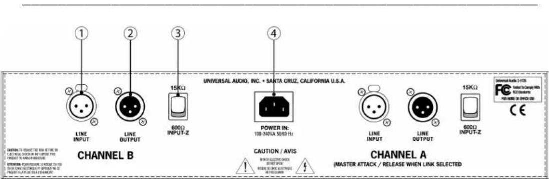 1 LINE INPUT 2 LINE OUTPUT 3 600Ω INPUT-Z 4 UNIVERSAL AUDIO, INC. + SANTA CRUZ, CALIFORNIA U.S.A. POWER IN: 100-240VA 50/80 Hz CHANNEL B CAUTION / AVIS BEAT OF ELECTRIC CHICK BEET SWITCH BEAT OF ELECTRIC ELECTRICAL CHANNEL A (IMASTER ATTACK / RELEASE WHEN LINK SELECTED) 15KΩ 600Ω INPUT-Z Universal Audio 3-1779 Treated by Compty With 100 Standard FOR HOME OR OFFICE USE