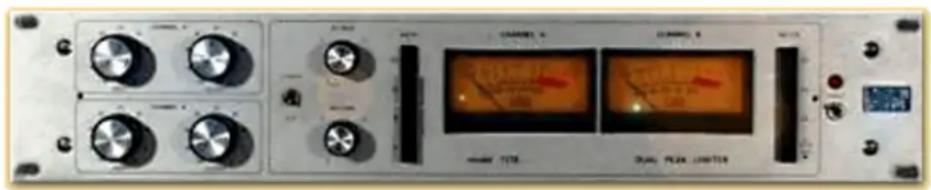 Front panel of an audio or signal processing device with dual peak limiters and display screens showing waveform graphs.