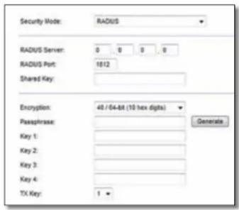 Security Mode: RADIUS RADIUS Server: 0 0 0 0 RADIUS Port: 1812 Shared Key: Encryption: 40 / 64-bit (10 hex digits) ▼ Passphrase: Key 1: Key 2: Key 3: Key 4: TX Key: 1 ▼ Generate