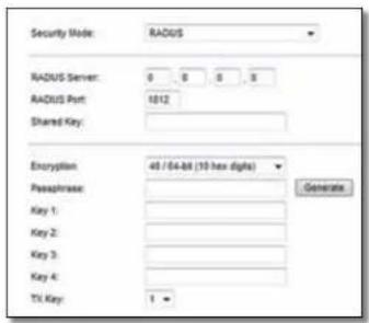 Security Mode: RADIUS RADUS Server: 0 0 0 5 RADUS Port: 1012 Shared Key: Encryption: 48 / 64-bit (10 hex digits) Phosphrase: Key 1: Key 2: Key 3: Key 4: TI Key: 1 Generate