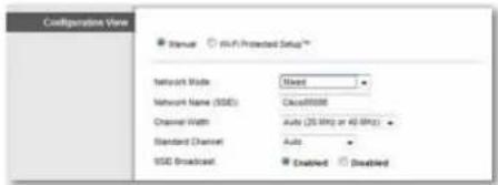 Configuration View ■ Status ○ WiFi Protected Status** Network Mode Fixed Network Name (SDE) Classification Channel Width Auto (25 MHz or 40 MHz) Standard Channel Auto SDE Broadcast ■ Enabled □ Disabled