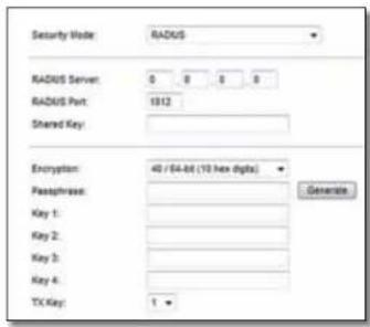 Security Mode: RADIUS RADIUS Server: 0 8 6 0 RADIUS Port: 1312 Shared Key: Encryption: 40 / 64-bit (10 hex digits) Passphrase: Key 1: Key 2: Key 3: Key 4: TX Key: 1 Generate