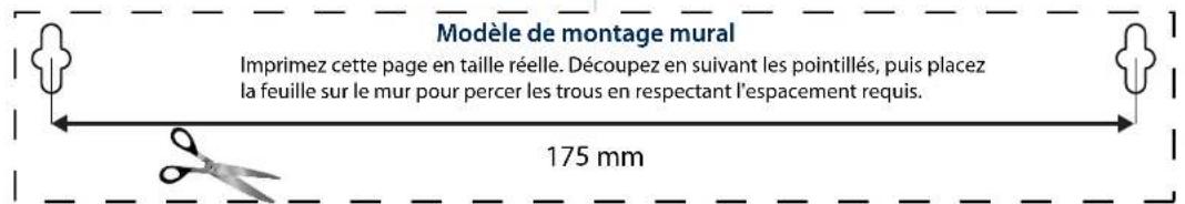 Modèle de montage mural Imprimez cette page en taille réelle. Découpez en suivant les pointillés, puis placez la feuille sur le mur pour percer les trous en respectant l'espacement requis. 175 mm