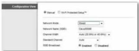 Configuration View ■ Manual □ WiFi-Protected Setup™ Network Width Fixed Network Name (SSD) Casal0008 Channel Width Auto (20 MHz or 45 GHz) Standard Channel Auto SSD Broadcast ● Enabled ○ Disabled