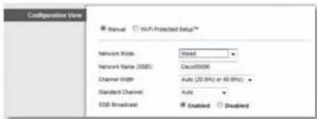 Configurations View ■ Manual ○ Wi-Fi-Protected Default** Network Width Rated Network Name (ISSD) Cyclic0006 Channel Width Auto (25.8Hz at 40.8Hz) • Standard Channel Auto ISSD Broadcast Enabled Disabled