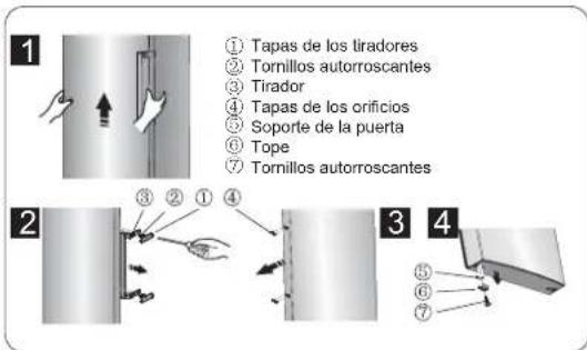 ① Tapas de los tiradores ② Tornillos autorroscantes ③ Tirador ④ Tapas de los orificios ⑤ Soporte de la puerta ⑥ Tope ⑦ Tornillos autorroscantes
