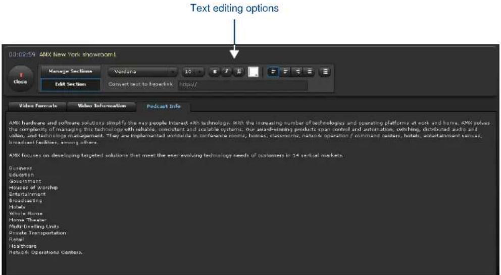Text editing options 09/02:59 AMX New York showroom1 Manage Sections Version 10 B T U F F E E Edit Section Convert text to hyperlink http:// Video Formats Video Information Podcast Info AMX hardware and software solutions simplify the new people interact with technology. With the increasing number of technologies and operating platforms at work and home, AMX solves the complexity of managing this technology with reliable, consistent and scalable systems. Our understanding products can control and automation, switching, distributed audio and video, and technology management. They are implemented worldwide in conference rooms, homes, classrooms, network operation / command centers, hotels, entertainment venues, broadcast facilities, among others. AMX focuses on developing targeted solutions that meet the ever evolving technology needs of customers in 34 vertical markets. Business Education Government Houses of Worship Entertainment Broadcasting Hotels Whole Home Home Theater Multi-Drilling Units Private Transportation Retail Healthcare Network Operations Centers.