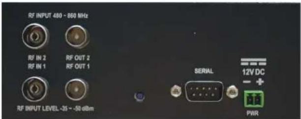 RF INPUT 480 - 860 MHz RF IN 2 RF IN 1 RF OUT 2 RF OUT 1 RF INPUT LEVEL -35 ~ -50 dBm SERIAL 12V DC + PWR