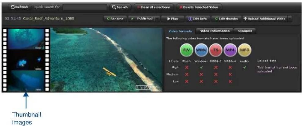 Refresh Quick search for search Clear all selections Delete selected Video 00:01:45 Coral_Raaf_Adventure_1060 Rename Published Play Edit Info Edit thumbs Upload Additional Video Video Formats Video Information Synops The following video formats have been uploaded: FLV WMV TS MP4 MP3 Bitmaps Flash Windows MPEa-2 MPEa-4 Audio Uploaded date High X ✓ X X ✓ This format has not been uploaded Medium X X X X Low X X X