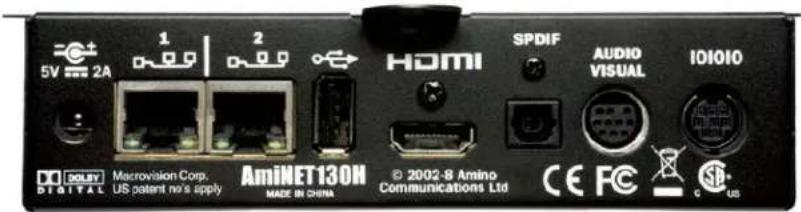 5V 2A 1 2 HDMI SPDIF AUDIO VISUAL IOIOIO DIGITAL Macrovision Corp. US patent no's apply AmiNET130N MADE IN CHINA © 2002-8 Amino Communications Ltd CE FC C US