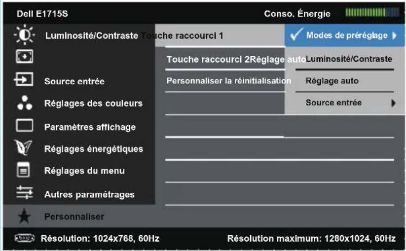 Dell E1715S Conso. Énergie Luminosité/Contraste Touche raccourcl 1 Modes de préréglage Touche raccourcl 2Réglage auto Luminosité/Contraste Source entrée Personnaliser la réinitialisation Réglage auto Réglages des couleurs Source entrée Paramètres affichage Réglages énergétiques Réglages du menu Autres paramétrages Personnaliser Résolution: 1024x768, 60Hz Résolution maximum: 1280x1024, 60Hz