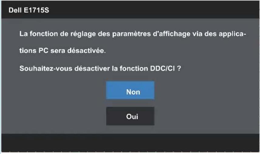 Dell E1715S La fonction de réglage des paramètres d'affichage via des applications PC sera désactivée. Souhaitez-vous désactiver la fonction DDC/CI ? Non Oui