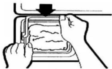 Illustration of hands using a tool to interact with a packaged food item (no text or symbols visible)