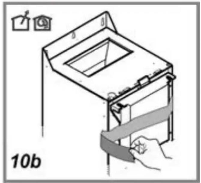 Illustration of a kitchen appliance with a hand adjusting a bandage, showing part of the door and window (no text or symbols)